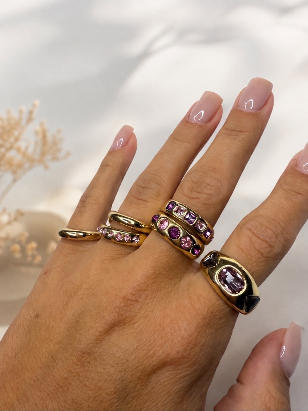 Gold Pink Crystal Stackable Rings — Y2K - Picture 4 of 4
